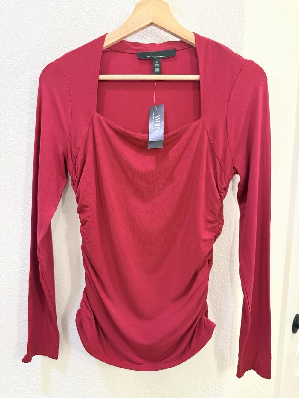 NWT White House Black Market Square-Neck Ruched Long-Sleeved Top - Red - Small